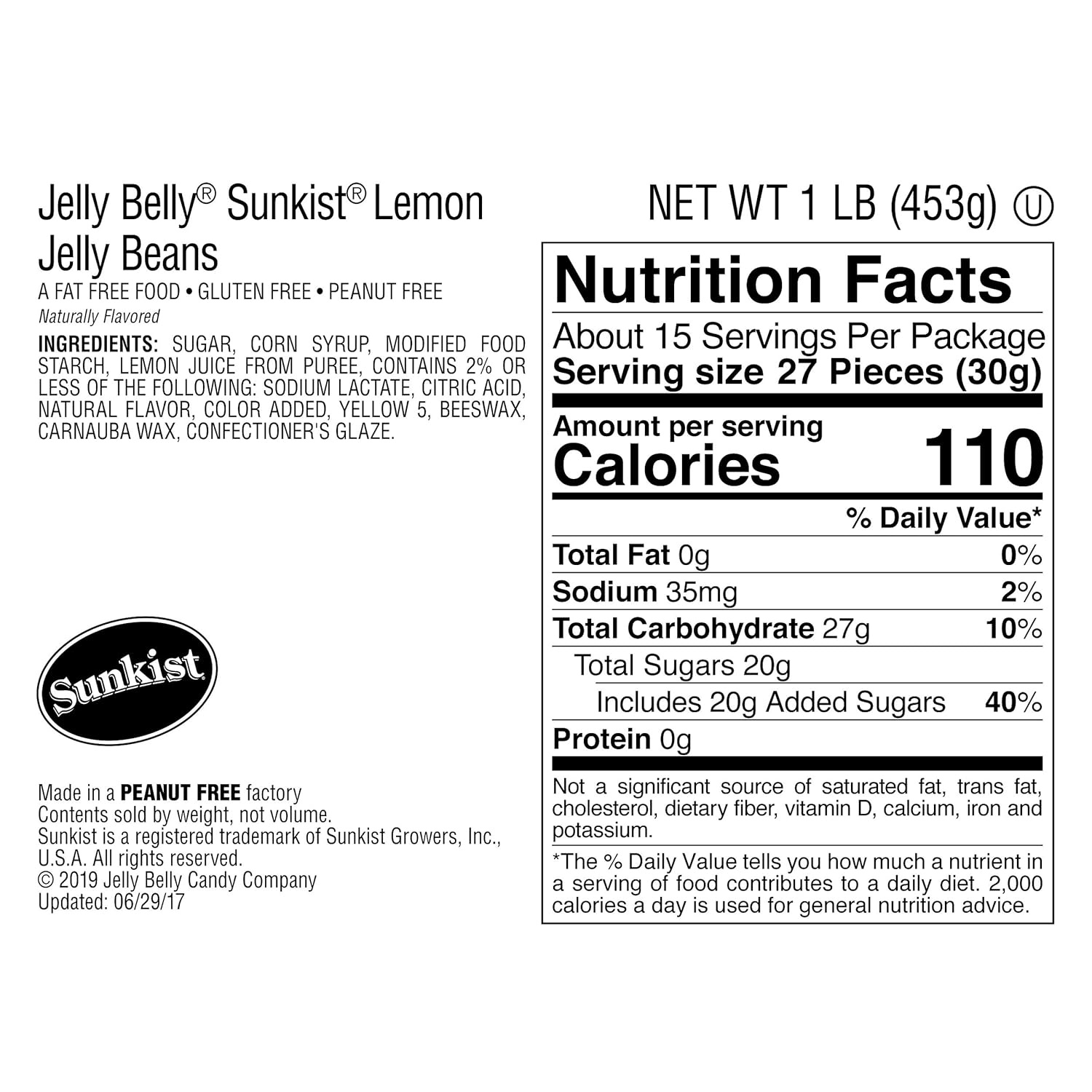 Jelly Belly Sunkist Lemon Jelly Beans – 1 Pound (16 Ounces) Resealable Bag – Genuine, Official, Straight from the Source